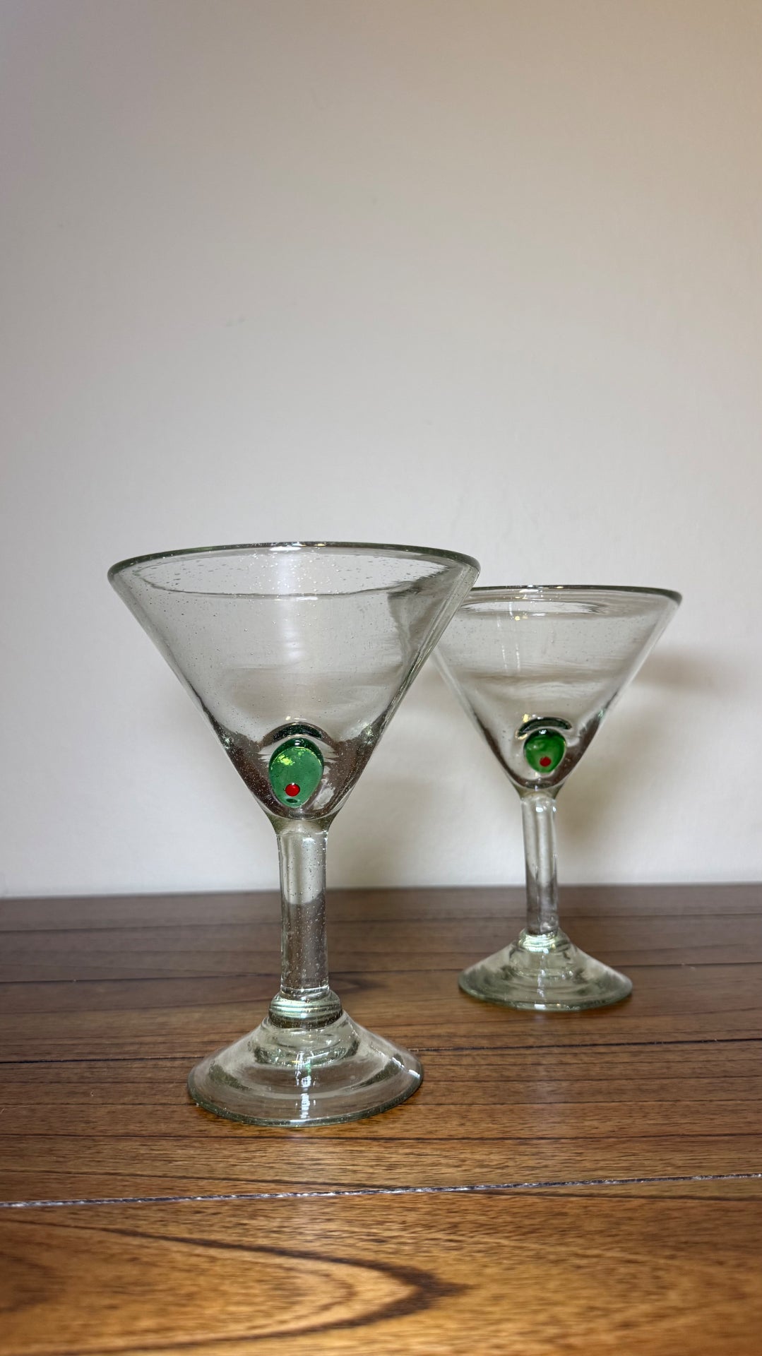 Hand-blown martini glasses with glass olive, set of 2