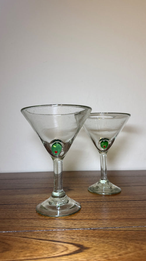 Hand-blown martini glasses with glass olive, set of 2