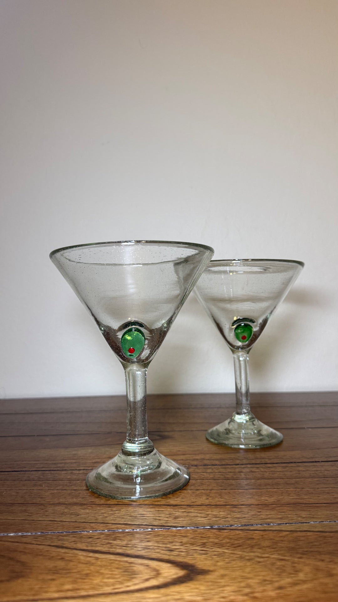 Hand-blown martini glasses front view
