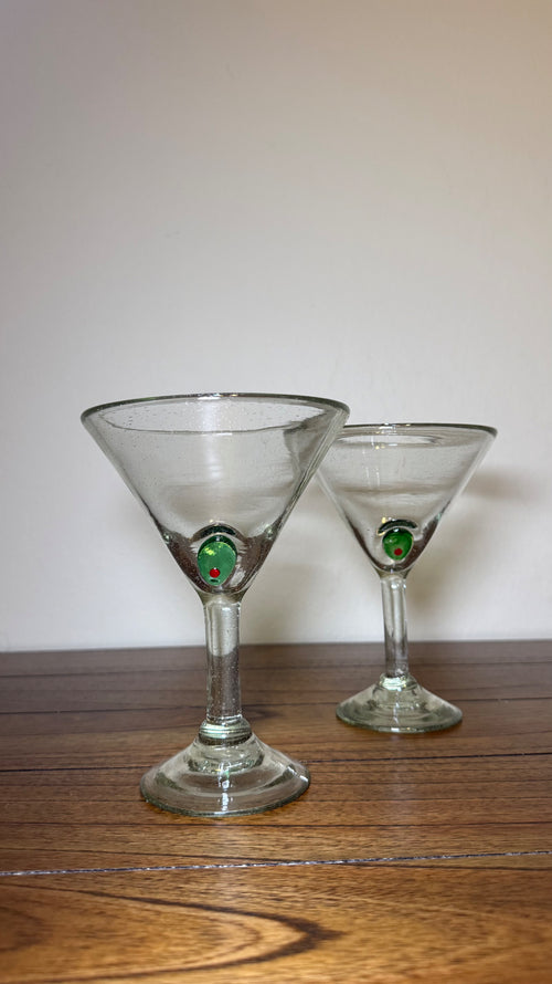 Hand-blown martini glasses front view